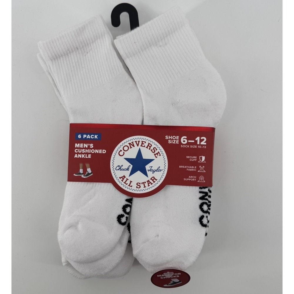 Converse Men's Cushioed Ankle Socks 6 Pairs Size 6-12 White‎